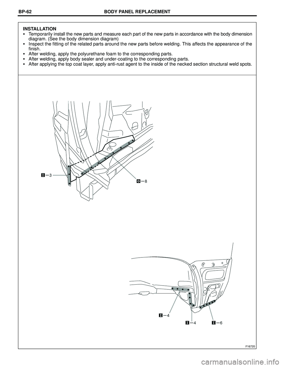 TOYOTA HIGHLANDER 2001  Service Repair Manual BODY PANEL REPLACEMENT
F16720
BP-62
INSTALLATION
Temporarily install the new parts and measure each part of the new parts in accordance with the body dimension
diagram. (See the body dimension diagra