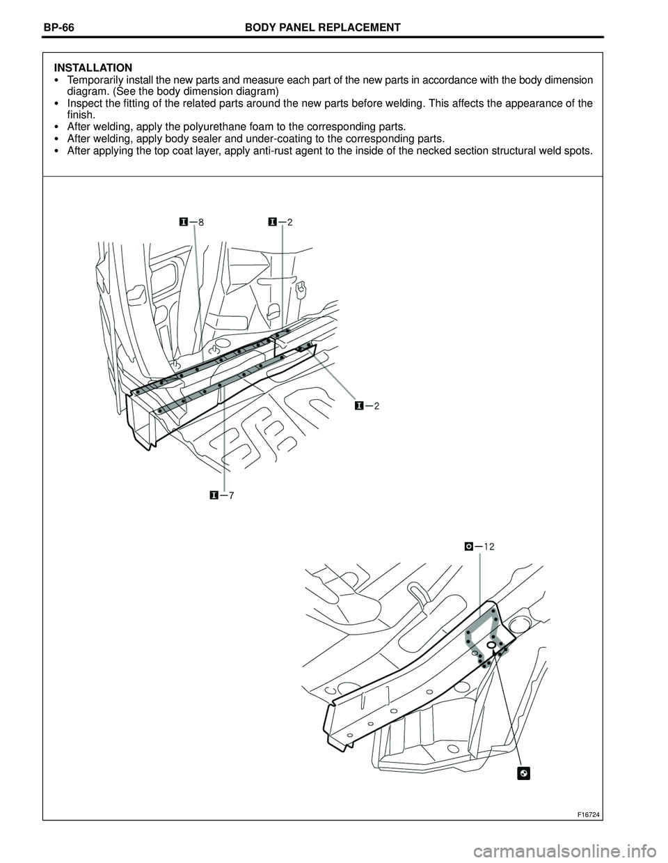 TOYOTA HIGHLANDER 2001  Service Repair Manual BODY PANEL REPLACEMENT
F16724
BP-66
INSTALLATION
Temporarily install the new parts and measure each part of the new parts in accordance with the body dimension
diagram. (See the body dimension diagra