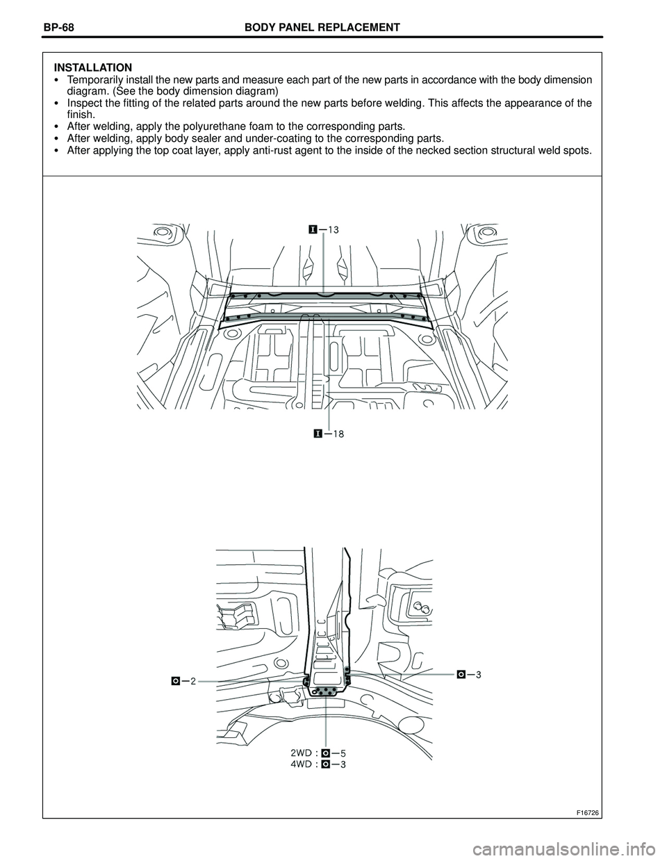 TOYOTA HIGHLANDER 2001  Service Repair Manual BODY PANEL REPLACEMENT
F16726
BP-68
INSTALLATION
Temporarily install the new parts and measure each part of the new parts in accordance with the body dimension
diagram. (See the body dimension diagra