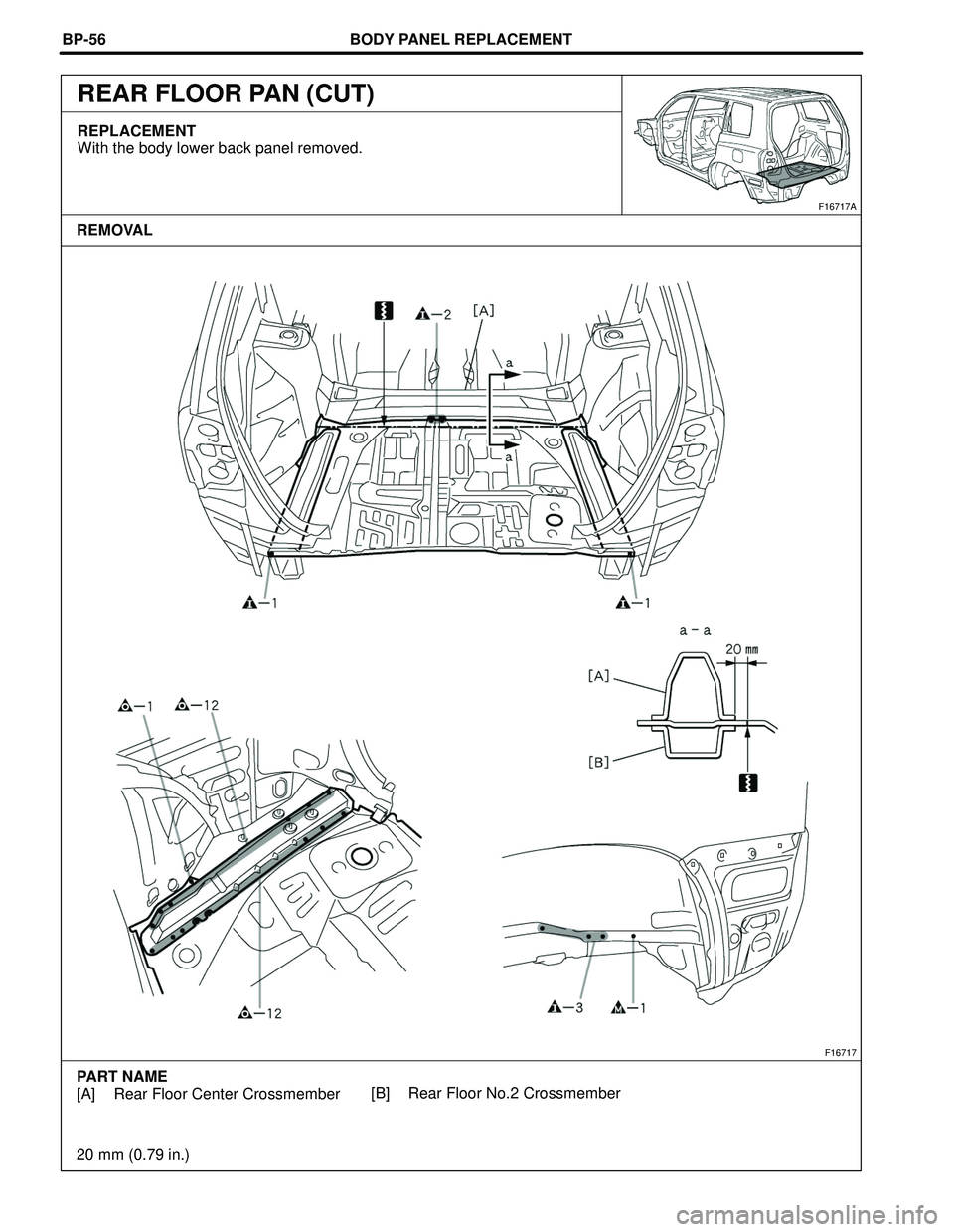 TOYOTA HIGHLANDER 2001  Service Repair Manual BODY PANEL REPLACEMENT
F16717
PART NAME
[A] Rear Floor Center Crossmember
20 mm (0.79 in.)[B] Rear Floor No.2 Crossmember
F16717A
REMOVAL BP-56
REAR FLOOR PAN (CUT)
REPLACEMENT
With the body lower bac