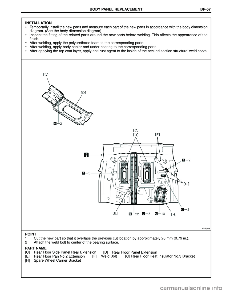 TOYOTA HIGHLANDER 2001  Service Repair Manual BODY PANEL REPLACEMENT
F12093
POINT
1 Cut the new part so that it overlaps the previous cut location by approximately 20 mm (0.79 in.).
2 Attach the weld bolt to center of the bearing surface.
PART NA