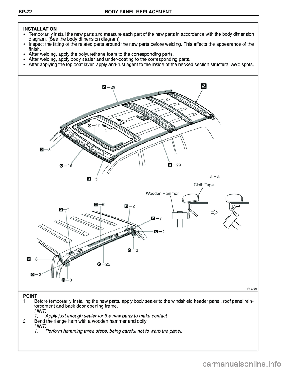 TOYOTA HIGHLANDER 2001  Service Repair Manual BODY PANEL REPLACEMENT
F16730
POINT
1 Before temporarily installing the new parts, apply body sealer to the windshield header panel, roof panel rein-
forcement and back door opening frame.
HINT:
1) Ap