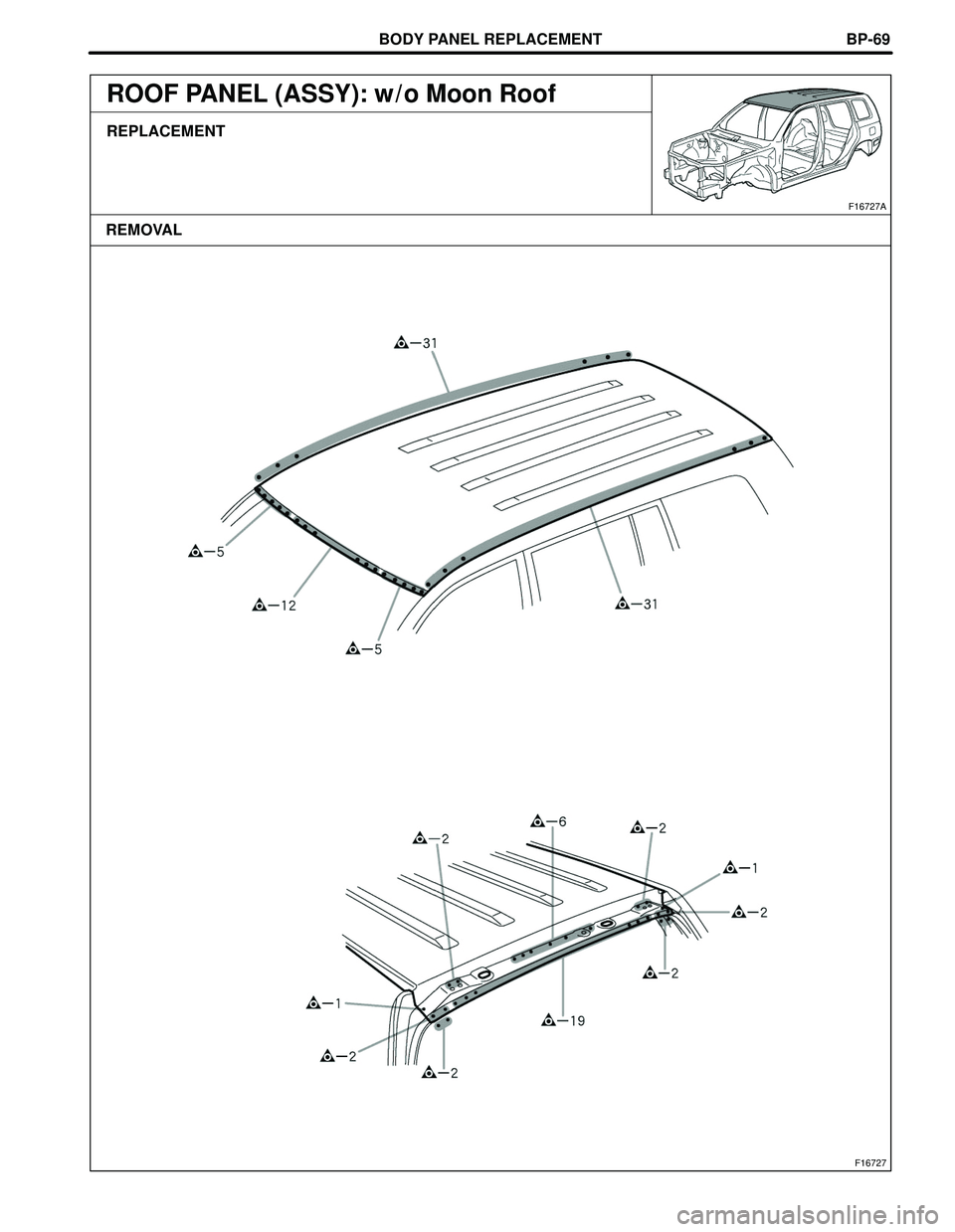 TOYOTA HIGHLANDER 2001  Service Repair Manual BODY PANEL REPLACEMENT
F16727
F16727A
REMOVALBP-69
ROOF PANEL (ASSY): w / o Moon Roof
REPLACEMENT 