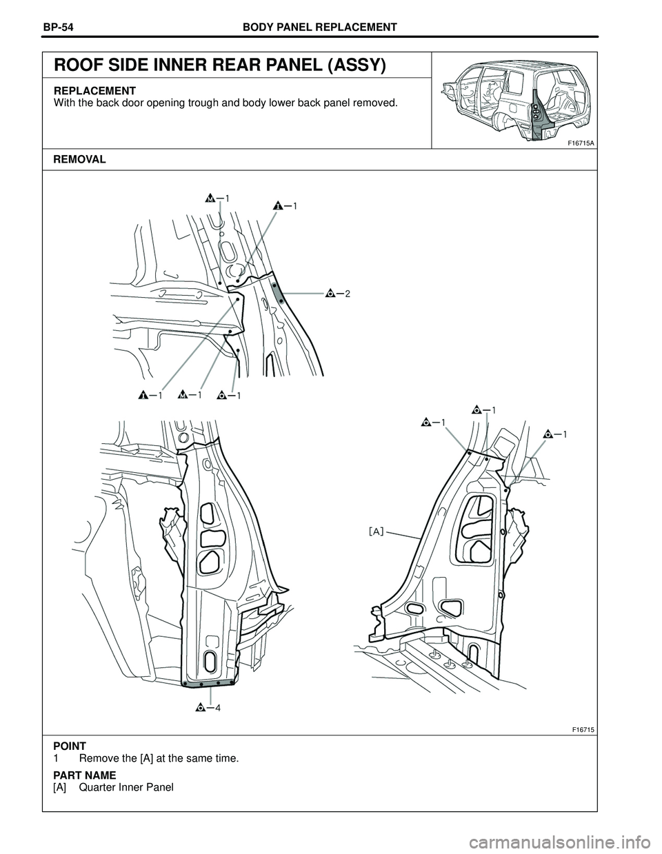 TOYOTA HIGHLANDER 2001  Service Repair Manual BODY PANEL REPLACEMENT
F16715
POINT
1 Remove the [A] at the same time.
PART NAME
[A] Quarter Inner Panel
F16715A
REMOVAL BP-54
ROOF SIDE INNER REAR PANEL (ASSY)
REPLACEMENT
With the back door opening 
