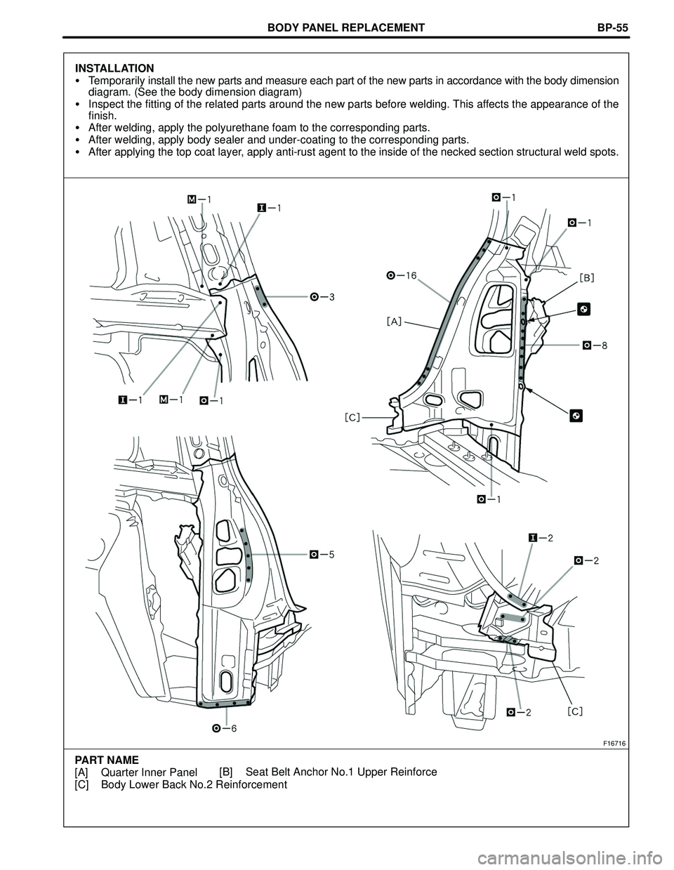 TOYOTA HIGHLANDER 2001  Service Repair Manual BODY PANEL REPLACEMENT
F16716
PART NAME
[A] Quarter Inner Panel
[C] Body Lower Back No.2 Reinforcement[B] Seat Belt Anchor No.1 Upper ReinforceBP-55
INSTALLATION
Temporarily install the new parts and