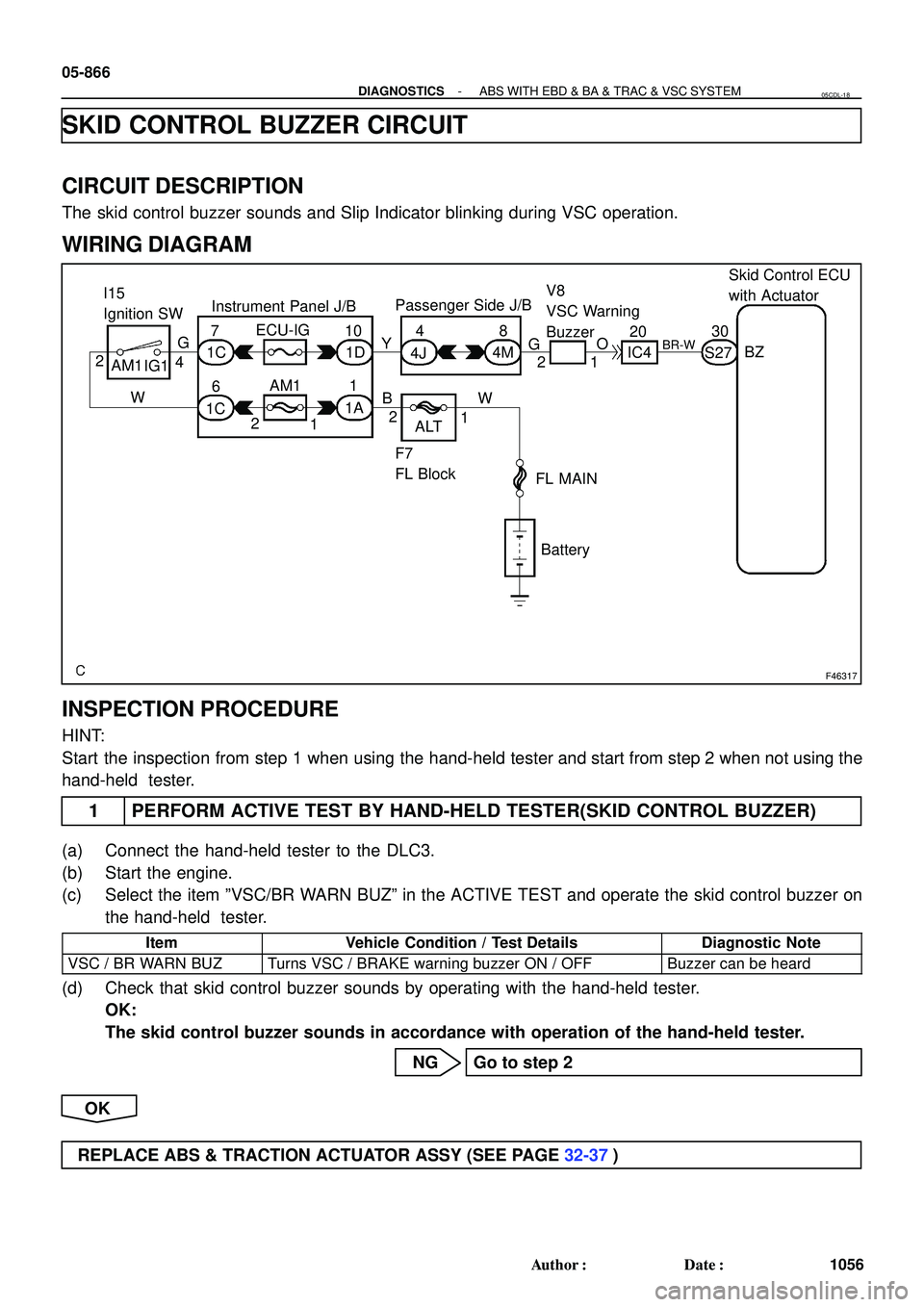 TOYOTA HIGHLANDER 2001  Service Repair Manual F46317
Instrument Panel J/BSkid Control ECU
with Actuator
F7
FL Block I15
Ignition SWPassenger Side J/B
4
1
FL MAIN IG1
Battery 4JS27BZ
630
B 1C 1DV8
VSC Warning
Buzzer ECU-IG
W8
1A AM1
W
2 710
ALT4M
