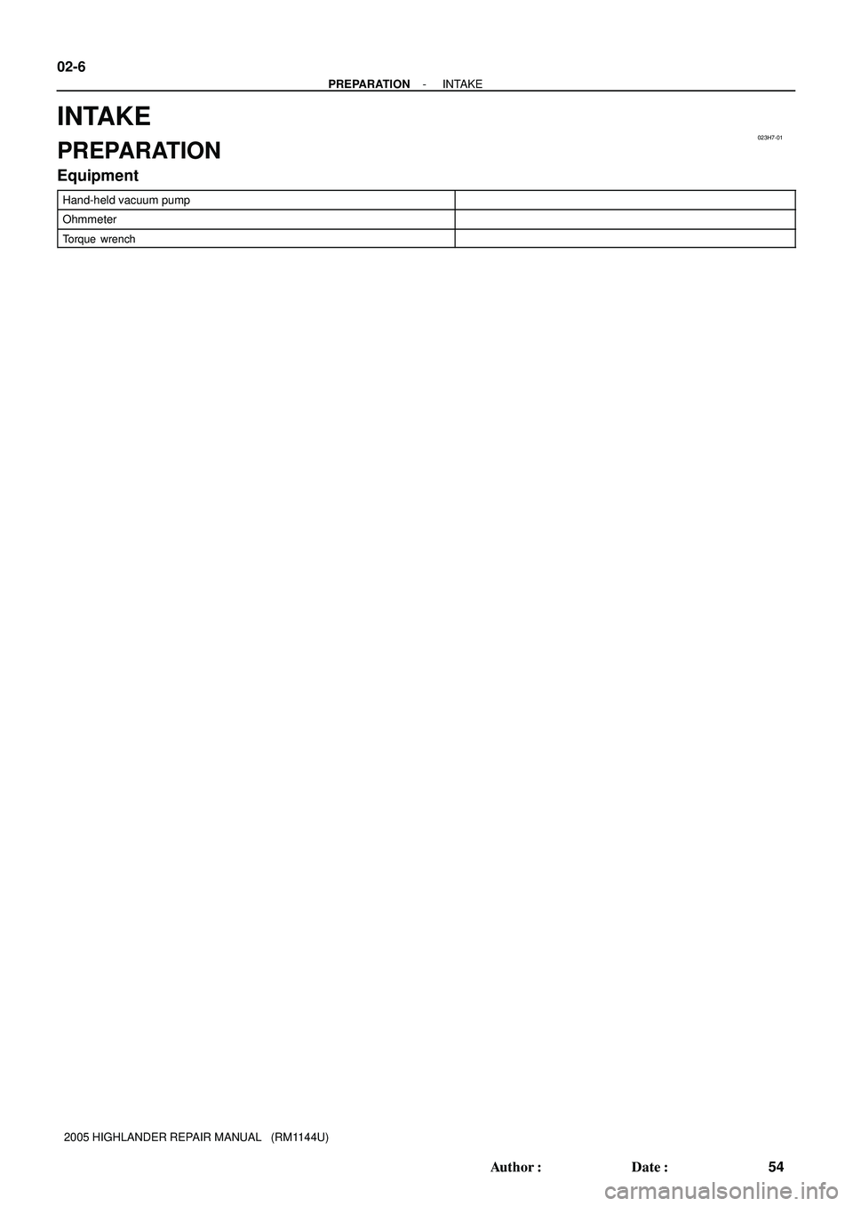 TOYOTA HIGHLANDER 2001  Service Repair Manual 023H7-01
02-6
- PREPARATIONINTAKE
54 Author: Date:
2005 HIGHLANDER REPAIR MANUAL   (RM1144U)
INTAKE
PREPARATION
Equipment
Hand-held vacuum pump
Ohmmeter
Torque wrench 