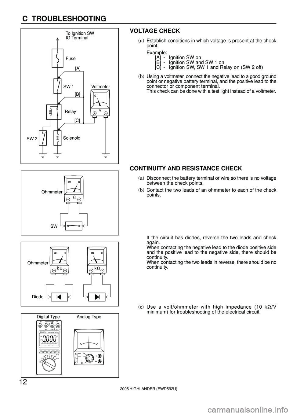 TOYOTA HIGHLANDER 2001  Service Repair Manual To Ignition SW
IG Terminal
Fuse
Voltmeter SW 1
Relay
SW 2Solenoid[A]
[B]
[C]
Ohmmeter
SW
Ohmmeter
Diode
Digital Type Analog Type
2005 HIGHLANDER (EWD592U)
12
C  TROUBLESHOOTING
VOLTAGE CHECK
(a)Establ