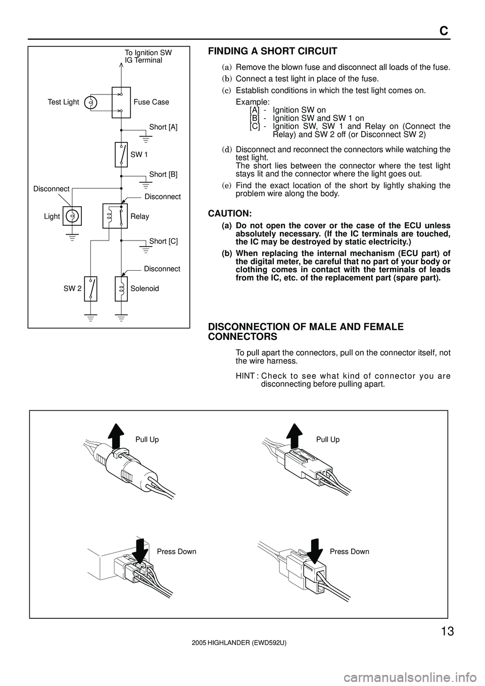 TOYOTA HIGHLANDER 2001  Service Repair Manual To Ignition SW
IG Terminal
Test Light
Relay Light
SW 2 SolenoidDisconnectShort [A]
Disconnect
DisconnectSW 1Fuse Case
Short [B]
Short [C]
Pull Up
Press Down Press DownPull Up
2005 HIGHLANDER (EWD592U)