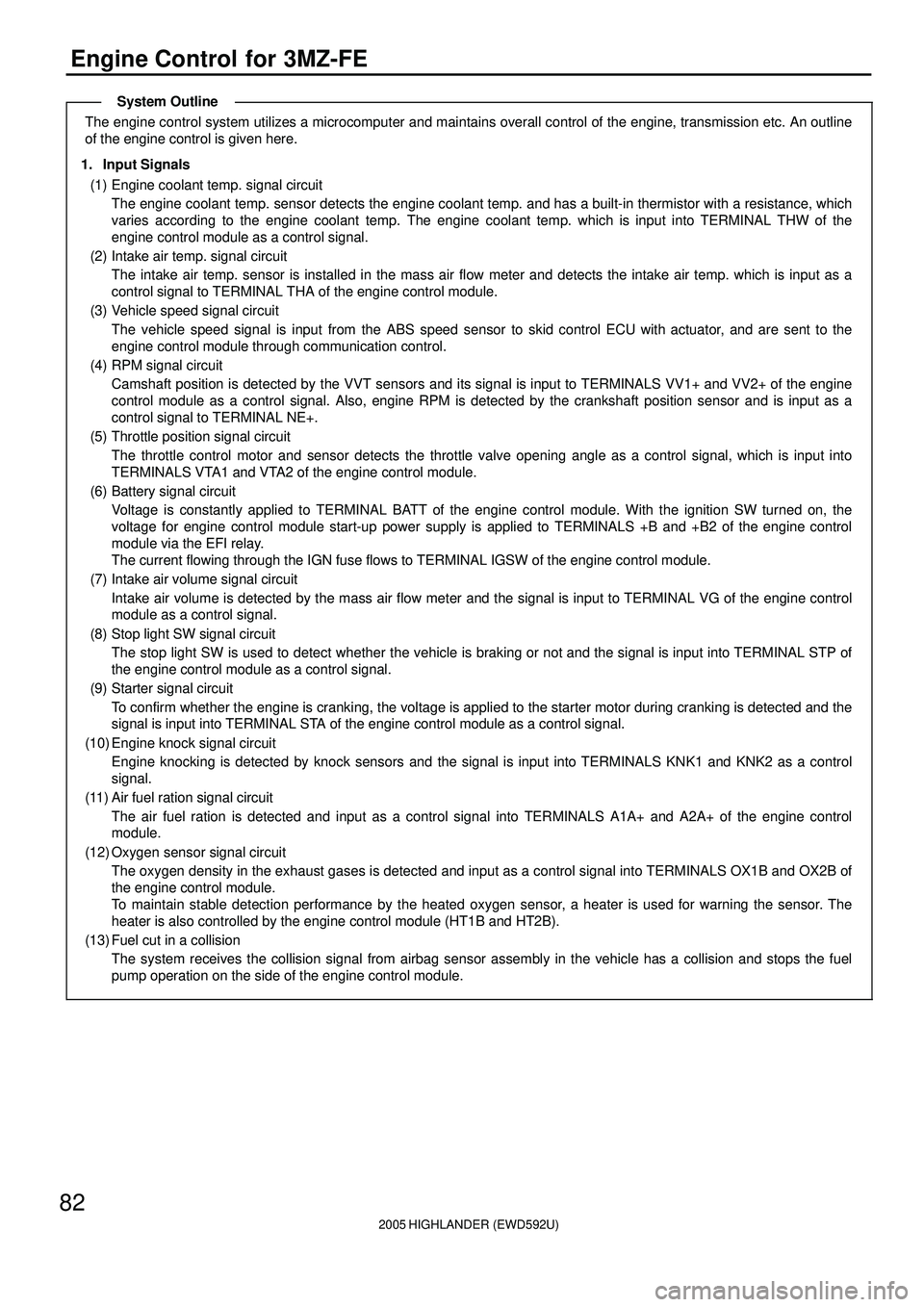 TOYOTA HIGHLANDER 2001 Service User Guide 2005 HIGHLANDER (EWD592U)
82
Engine Control for 3MZ-FE
The engine control system utilizes a microcomputer and maintains overall control of the engine, transmission etc. An outline
of the engine contro TOYOTA HIGHLANDER 2001 Service User Guide 2005 HIGHLANDER (EWD592U)
82
Engine Control for 3MZ-FE
The engine control system utilizes a microcomputer and maintains overall control of the engine, transmission etc. An outline
of the engine contro