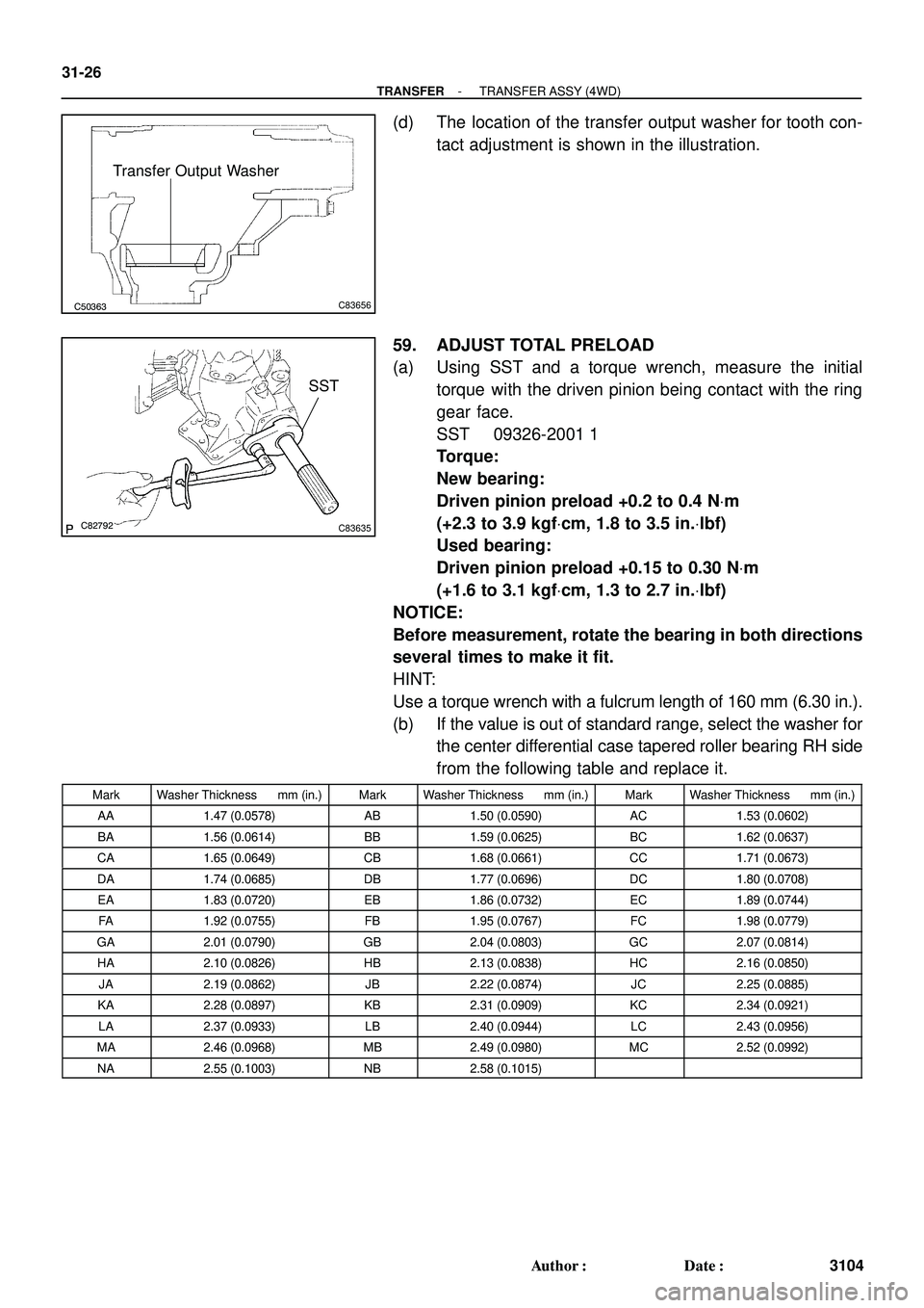 TOYOTA HIGHLANDER 2001  Service Repair Manual C50363C83656
Transfer Output Washer
C82792C83635
SST 31-26
- TRANSFERTRANSFER ASSY (4WD)
3104 Author: Date:
(d) The location of the transfer output washer for tooth con-
tact adjustment is shown in 