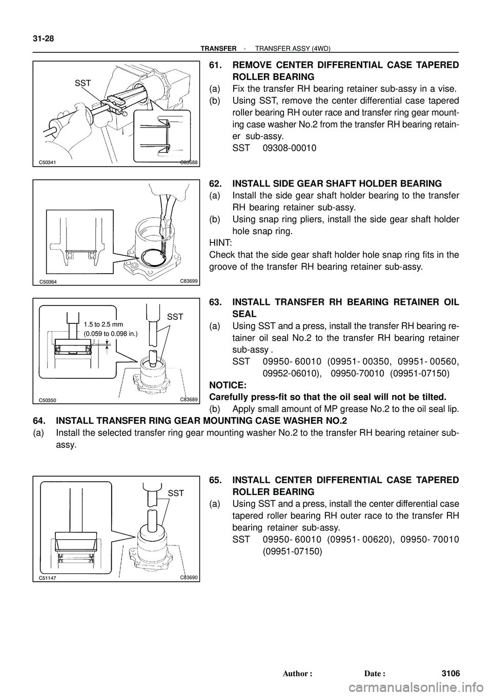 TOYOTA HIGHLANDER 2001  Service Repair Manual C50341C83688
SST
C50364C83699
C50350C83689
SST1.5 to 2.5 mm
(0.059 to 0.098 in.)
C51147C83690
SST
31-28
- TRANSFERTRANSFER ASSY (4WD)
3106 Author: Date:
61. REMOVE CENTER DIFFERENTIAL CASE TAPERED
R