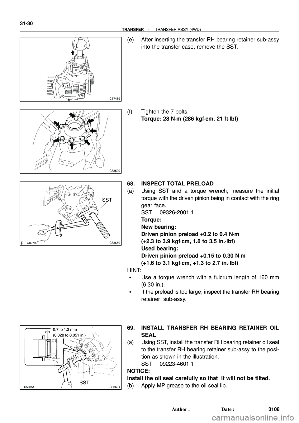 TOYOTA HIGHLANDER 2001  Service Repair Manual C57489
C83509
C82792C83650
SST
C50351C83691SST
0.7 to 1.3 mm
(0.028 to 0.051 in.)
31-30
- TRANSFERTRANSFER ASSY (4WD)
3108 Author: Date:
(e) After inserting the transfer RH bearing retainer sub-assy