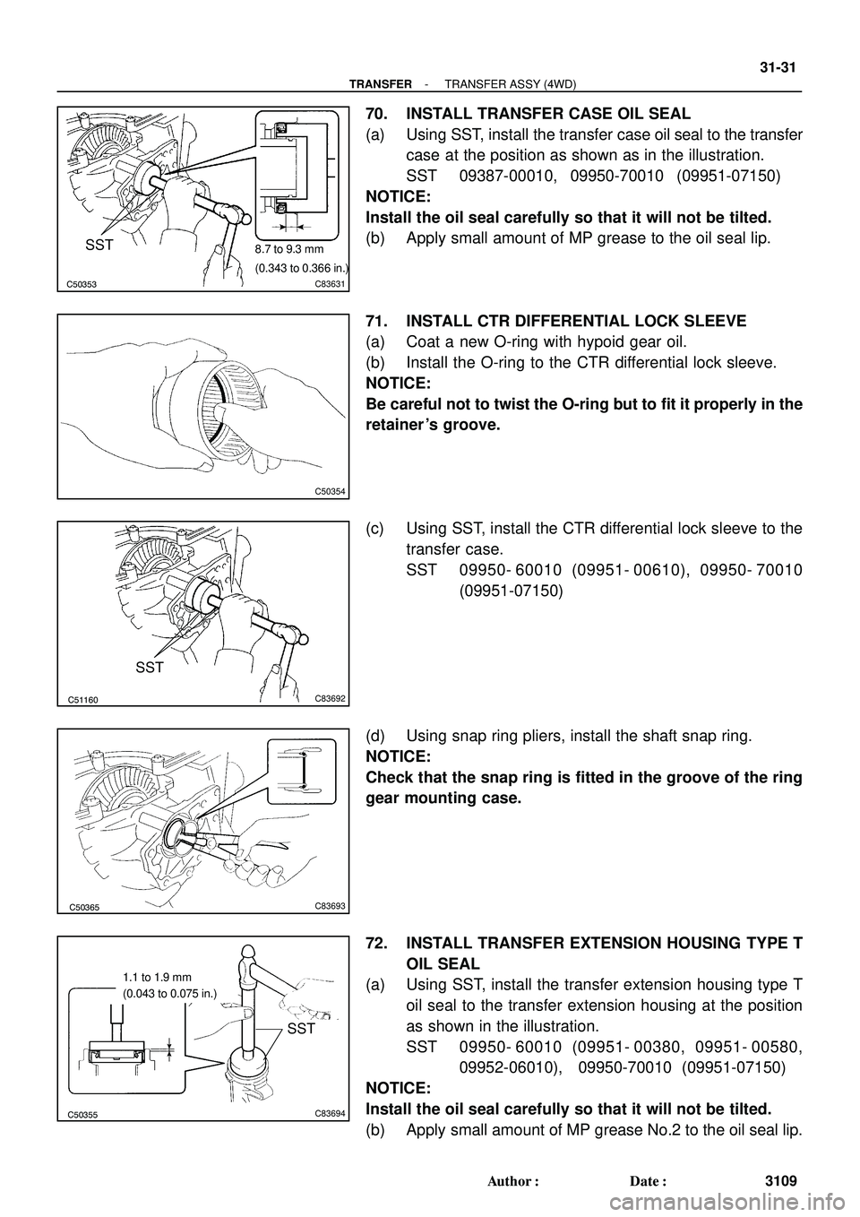 TOYOTA HIGHLANDER 2001  Service Repair Manual C50353C83631
SST8.7 to 9.3 mm
(0.343 to 0.366 in.)
C50354
C51160C83692
SST
C50365C83693
C50355C83694
SST
1.1 to 1.9 mm
(0.043 to 0.075 in.)
- TRANSFERTRANSFER ASSY (4WD)
31-31
3109 Author: Date:
70.