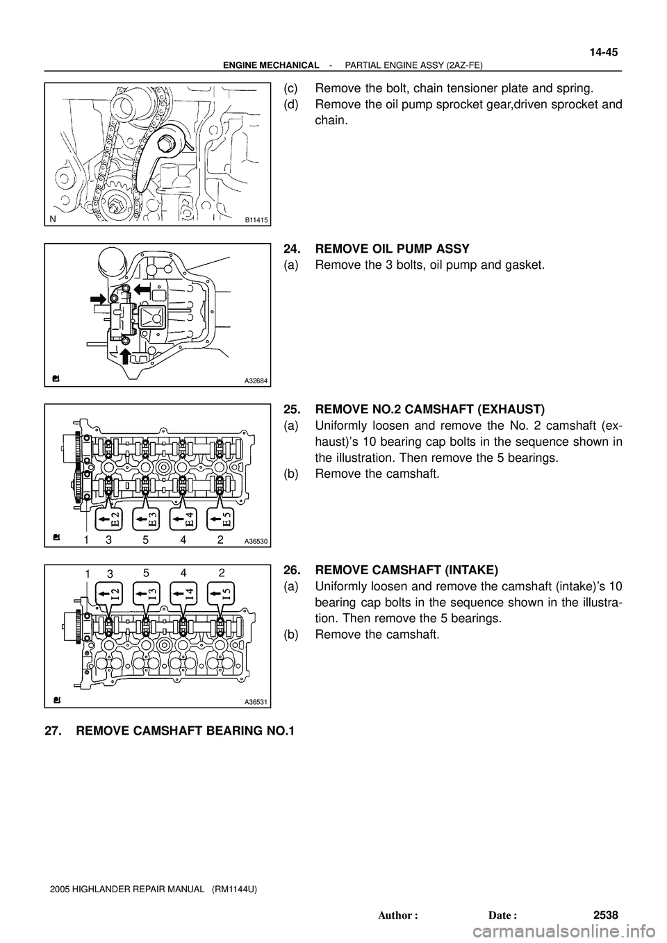 TOYOTA HIGHLANDER 2001  Service Repair Manual B11415
A32684
13 5 4 2A36530
12
34 5
A36531
- ENGINE MECHANICALPARTIAL ENGINE ASSY (2AZ-FE)
14-45
2538 Author: Date:
2005 HIGHLANDER REPAIR MANUAL   (RM1144U)
(c) Remove the bolt, chain tensioner pl