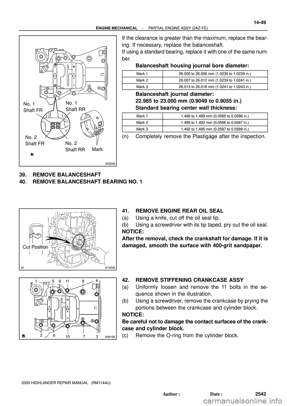 TOYOTA HIGHLANDER 2001  Service Repair Manual No. 1
Shaft FR
Mark No. 2
Shaft FRNo. 2
Shaft RRNo. 1
Shaft RR
A53040
Cut Position
A13493
A94192
1
105984
26
73
11
- ENGINE MECHANICALPARTIAL ENGINE ASSY (2AZ-FE)
14-49
2542 Author: Date:
2005 HIGHL