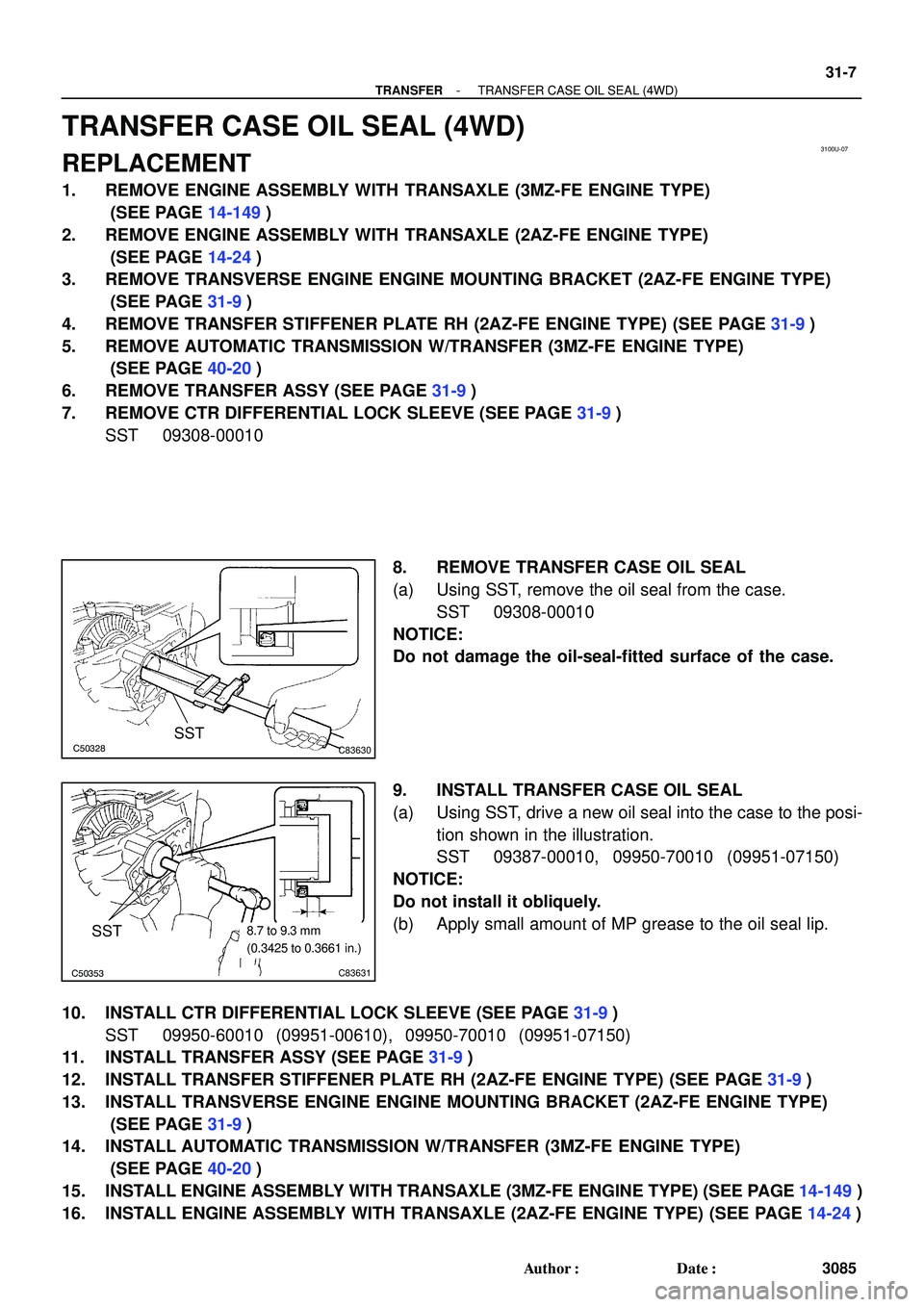 TOYOTA HIGHLANDER 2001  Service Repair Manual 3100U-07
C50328C83630SST
C50353C83631
8.7 to 9.3 mm
(0.3425 to 0.3661 in.)SST
- TRANSFERTRANSFER CASE OIL SEAL (4WD)
31-7
3085 Author: Date:
TRANSFER CASE OIL SEAL (4WD)
REPLACEMENT
1. REMOVE ENGINE