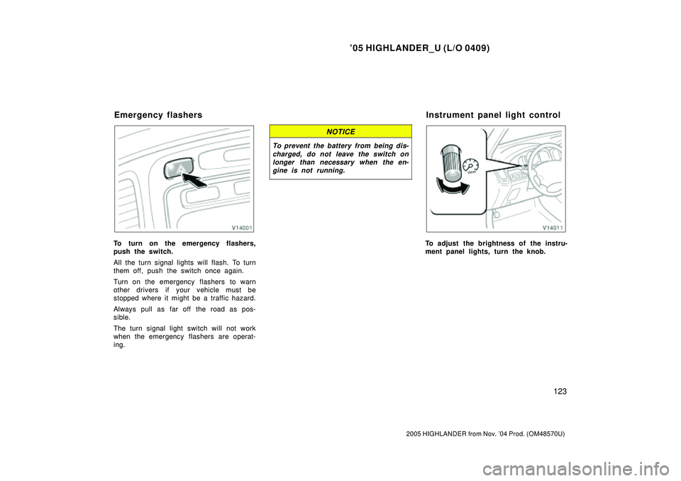 TOYOTA HIGHLANDER 2001  Service Repair Manual 05 HIGHLANDER_U (L/O 0409)
123
2005 HIGHLANDER from Nov. 04 Prod. (OM48570U)
To turn on the emergency flashers,
push the switch.
All the turn signal lights will flash. To turn
them off, push the swi