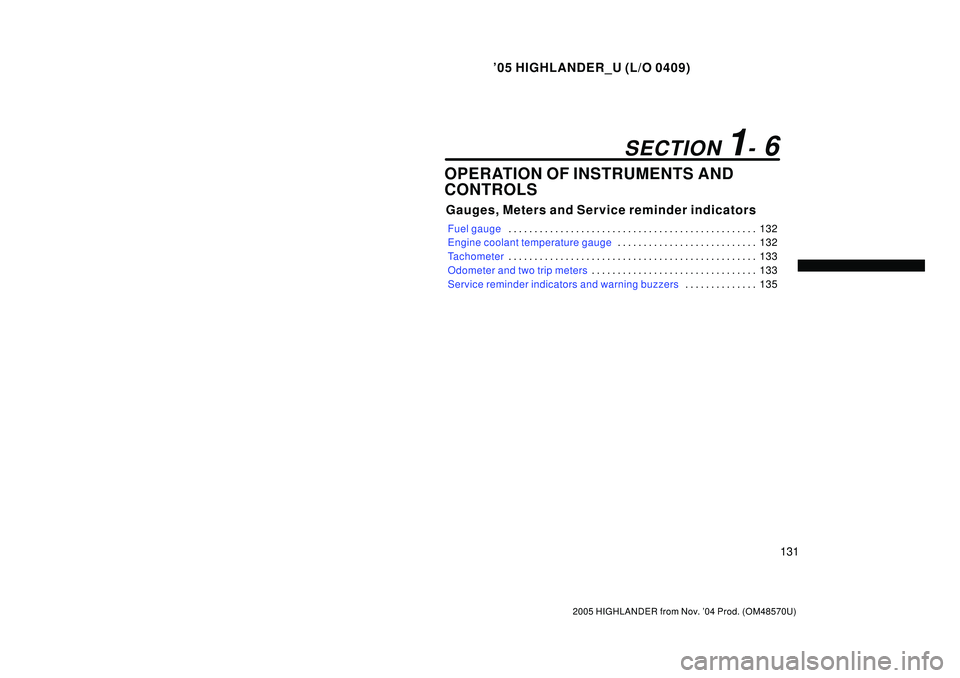 TOYOTA HIGHLANDER 2001  Service Repair Manual 05 HIGHLANDER_U (L/O 0409)
131
2005 HIGHLANDER from Nov. 04 Prod. (OM48570U)
OPERATION OF INSTRUMENTS AND
CONTROLS
Gauges, Meters and Service reminder indicators
Fuel gauge132 . . . . . . . . . . . 