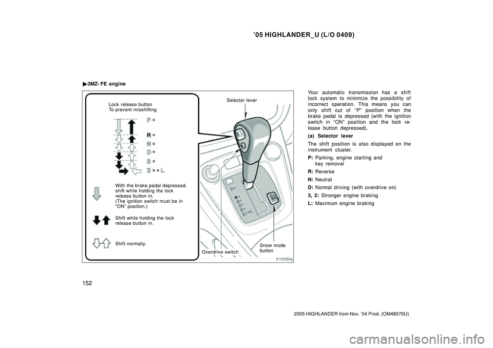TOYOTA HIGHLANDER 2001  Service Repair Manual 05 HIGHLANDER_U (L/O 0409)
152
2005 HIGHLANDER from Nov. 04 Prod. (OM48570U)
Your automatic transmission has a shift
lock system to minimize the possibility of
incorrect operation. This means you ca