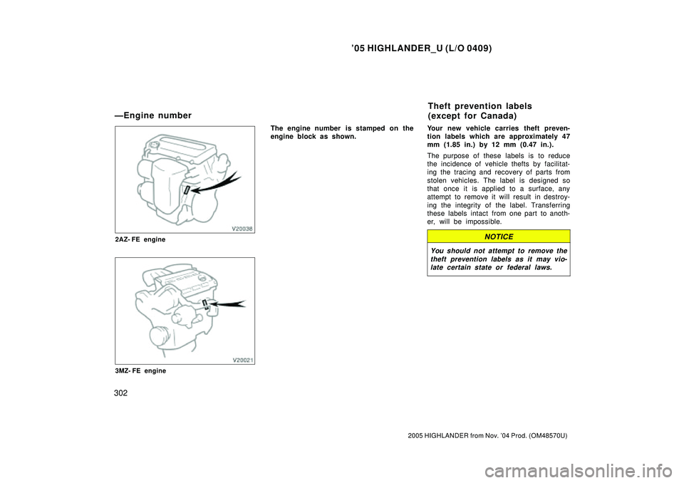 TOYOTA HIGHLANDER 2001  Service Repair Manual 05 HIGHLANDER_U (L/O 0409)
302
2005 HIGHLANDER from Nov. 04 Prod. (OM48570U)
2AZ- FE engine
3MZ- FE engine
The engine number  is stamped on the
engine block as shown.Your new vehicle carries theft p