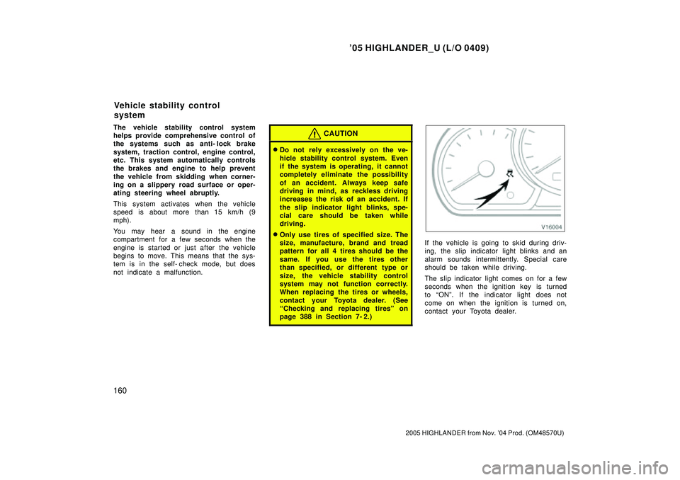 TOYOTA HIGHLANDER 2001  Service Repair Manual 05 HIGHLANDER_U (L/O 0409)
160
2005 HIGHLANDER from Nov. 04 Prod. (OM48570U)
The vehicle stability control system
helps provide comprehensive control of
the systems such as anti- lock brake
system, 