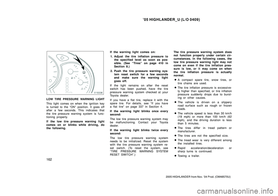 TOYOTA HIGHLANDER 2001  Service Repair Manual 05 HIGHLANDER_U (L/O 0409)
162
2005 HIGHLANDER from Nov. 04 Prod. (OM48570U)
LOW TIRE PRESSURE WARNING LIGHT
This light comes on when the ignition key
is turned to the ONº position. It goes off
af