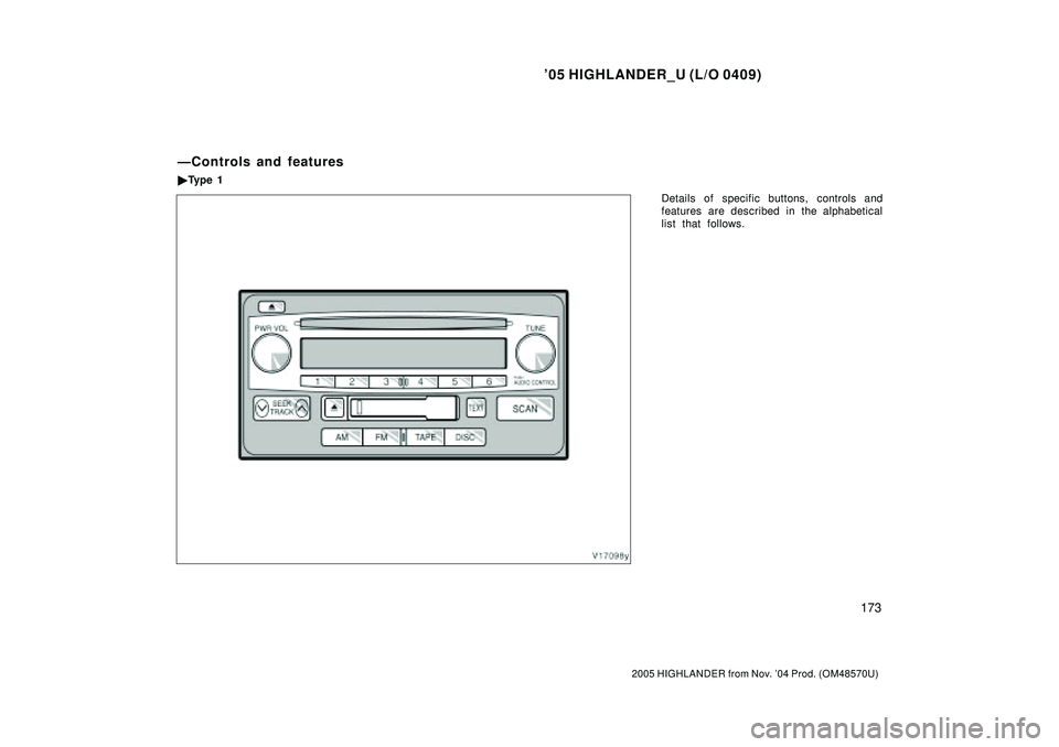 TOYOTA HIGHLANDER 2001  Service Repair Manual 05 HIGHLANDER_U (L/O 0409)
173
2005 HIGHLANDER from Nov. 04 Prod. (OM48570U)
Details of specific buttons, controls and
features are described in the alphabetical
list that follows.
ÐControls and fe