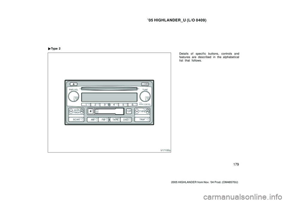 TOYOTA HIGHLANDER 2001  Service Repair Manual 05 HIGHLANDER_U (L/O 0409)
179
2005 HIGHLANDER from Nov. 04 Prod. (OM48570U)
Details of specific buttons, controls and
features are described in the alphabetical
list that follows. Ty p e  2 