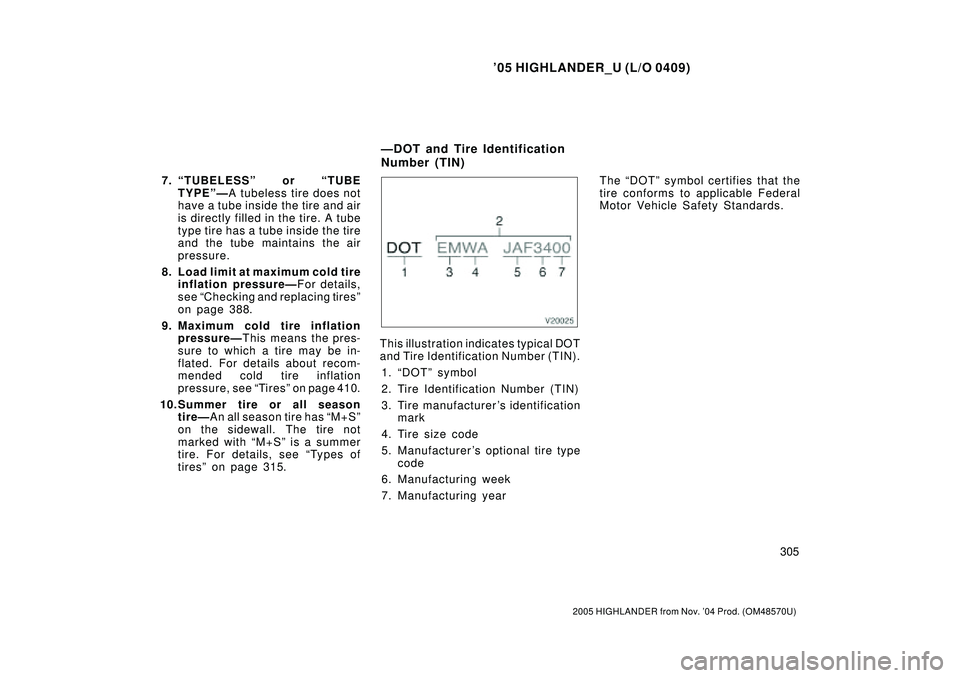 TOYOTA HIGHLANDER 2001 Service Owners Guide 05 HIGHLANDER_U (L/O 0409)
305
2005 HIGHLANDER from Nov. 04 Prod. (OM48570U)
7. TUBELESSº or TUBE
TYPEºÐA tubeless tire does not
have a tube inside the tire and air
is directly filled in the ti TOYOTA HIGHLANDER 2001 Service Owners Guide 05 HIGHLANDER_U (L/O 0409)
305
2005 HIGHLANDER from Nov. 04 Prod. (OM48570U)
7. TUBELESSº or TUBE
TYPEºÐA tubeless tire does not
have a tube inside the tire and air
is directly filled in the ti