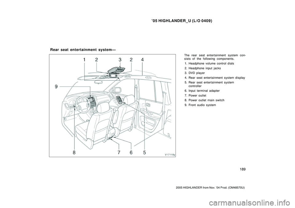 TOYOTA HIGHLANDER 2001  Service Repair Manual 05 HIGHLANDER_U (L/O 0409)
189
2005 HIGHLANDER from Nov. 04 Prod. (OM48570U)
The rear seat entertainment system con-
sists of the following components.
1. Headphone volume control dials
2. Headphone