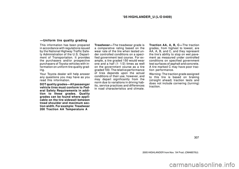 TOYOTA HIGHLANDER 2001 Service Owners Guide 05 HIGHLANDER_U (L/O 0409)
307
2005 HIGHLANDER from Nov. 04 Prod. (OM48570U)
This information has been prepared
in accordance with regulations issued
by the National Highway Traffic Safe-
ty Adminis TOYOTA HIGHLANDER 2001 Service Owners Guide 05 HIGHLANDER_U (L/O 0409)
307
2005 HIGHLANDER from Nov. 04 Prod. (OM48570U)
This information has been prepared
in accordance with regulations issued
by the National Highway Traffic Safe-
ty Adminis