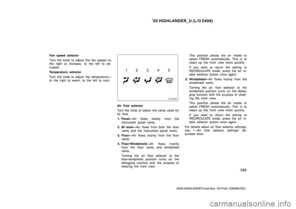 TOYOTA HIGHLANDER 2001  Service Repair Manual 05 HIGHLANDER_U (L/O 0409)
249
2005 HIGHLANDER from Nov. 04 Prod. (OM48570U)
Fan speed selector
Turn the knob to adjust the fan speedÐto
the right to increase, to the left to de-
crease.
Temperatur