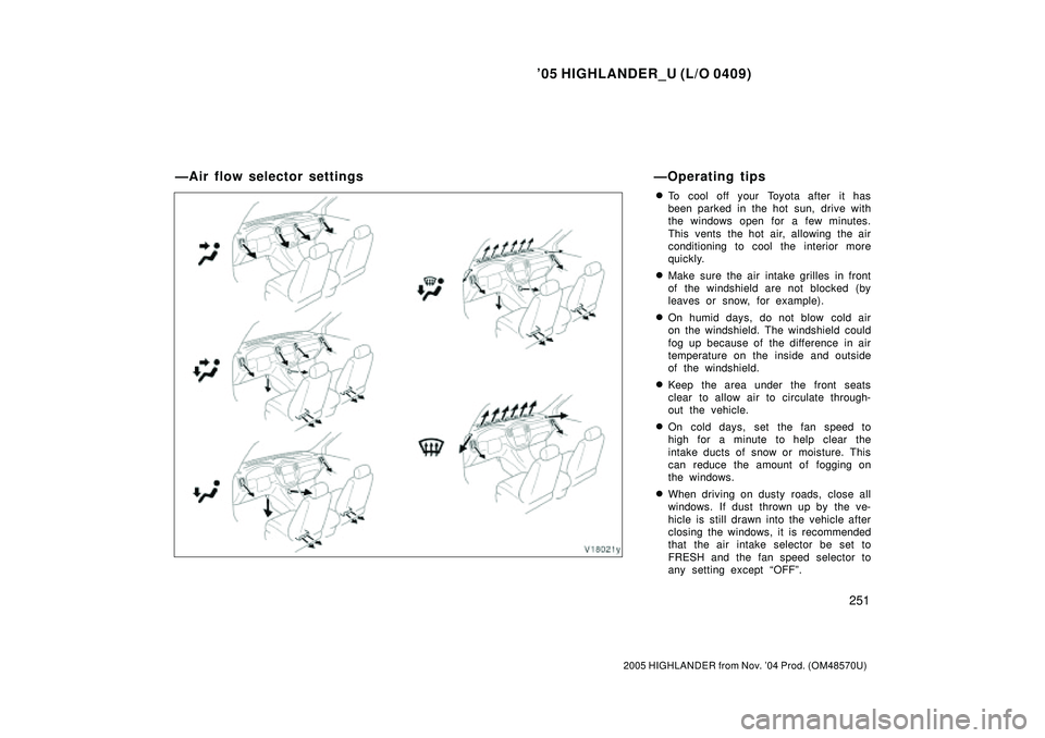 TOYOTA HIGHLANDER 2001  Service Repair Manual 05 HIGHLANDER_U (L/O 0409)
251
2005 HIGHLANDER from Nov. 04 Prod. (OM48570U)
To cool off your Toyota after it has
been parked in the hot sun, drive with
the windows open for a few minutes.
This ven