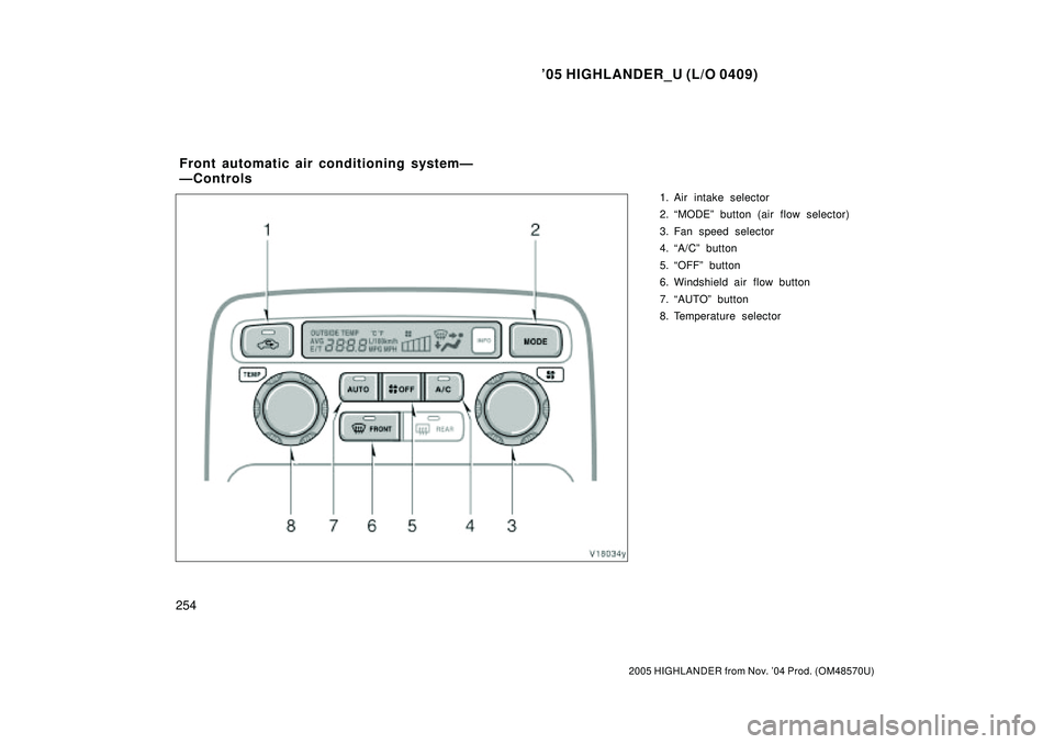 TOYOTA HIGHLANDER 2001  Service Repair Manual 05 HIGHLANDER_U (L/O 0409)
254
2005 HIGHLANDER from Nov. 04 Prod. (OM48570U)
1. Air intake selector
2. MODEº button (air flow selector)
3. Fan speed selector
4. A/Cº button
5. OFFº button
6. W