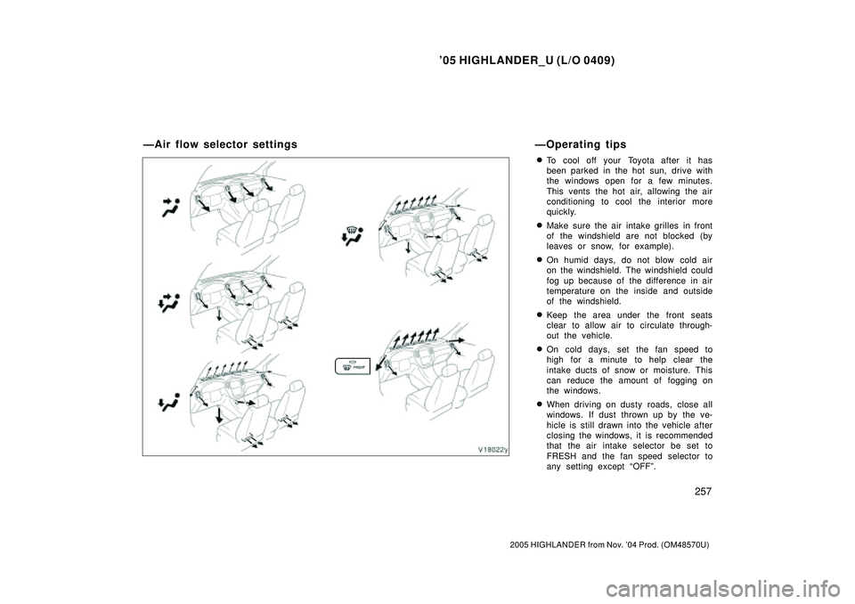 TOYOTA HIGHLANDER 2001  Service Repair Manual 05 HIGHLANDER_U (L/O 0409)
257
2005 HIGHLANDER from Nov. 04 Prod. (OM48570U)
To cool off your Toyota after it has
been parked in the hot sun, drive with
the windows open for a few minutes.
This ven