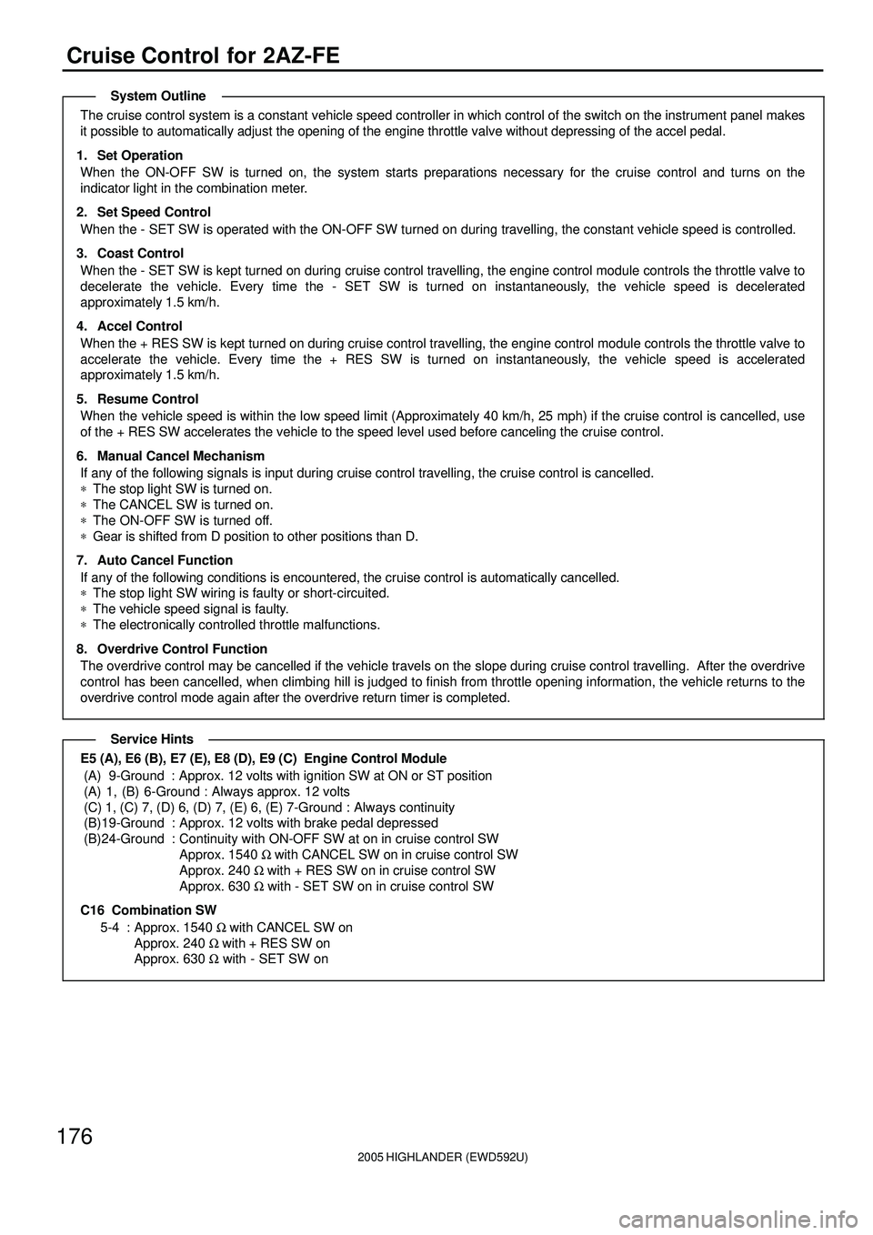 TOYOTA HIGHLANDER 2001 Service Repair Manual 2005 HIGHLANDER (EWD592U)
176
Cruise Control for 2AZ-FE
The cruise control system is a constant vehicle speed controller in which control of the switch on the instrument panel makes
it possible to aut TOYOTA HIGHLANDER 2001 Service Repair Manual 2005 HIGHLANDER (EWD592U)
176
Cruise Control for 2AZ-FE
The cruise control system is a constant vehicle speed controller in which control of the switch on the instrument panel makes
it possible to aut