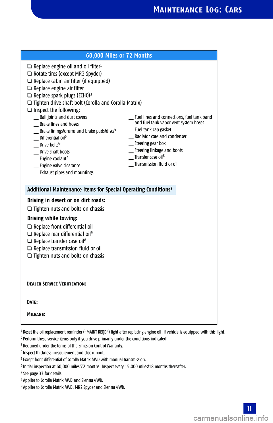 TOYOTA HIGHLANDER 2001  Service Repair Manual 
1 Reset the oil replacement reminder (“MAINT REQD”) light after replacing engine oil, if vehicle is equipped with this light.2 Perform these service items only if you drive primarily under the co TOYOTA HIGHLANDER 2001  Service Repair Manual 
1 Reset the oil replacement reminder (“MAINT REQD”) light after replacing engine oil, if vehicle is equipped with this light.2 Perform these service items only if you drive primarily under the co