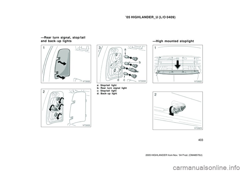TOYOTA HIGHLANDER 2001  Service Repair Manual 05 HIGHLANDER_U (L/O 0409)
403
2005 HIGHLANDER from Nov. 04 Prod. (OM48570U)
a: Stop/tail light 
b: Rear turn signal light
c: Stop/tail light
d: Back- up light
ÐRear turn signal, stop/tail
and back