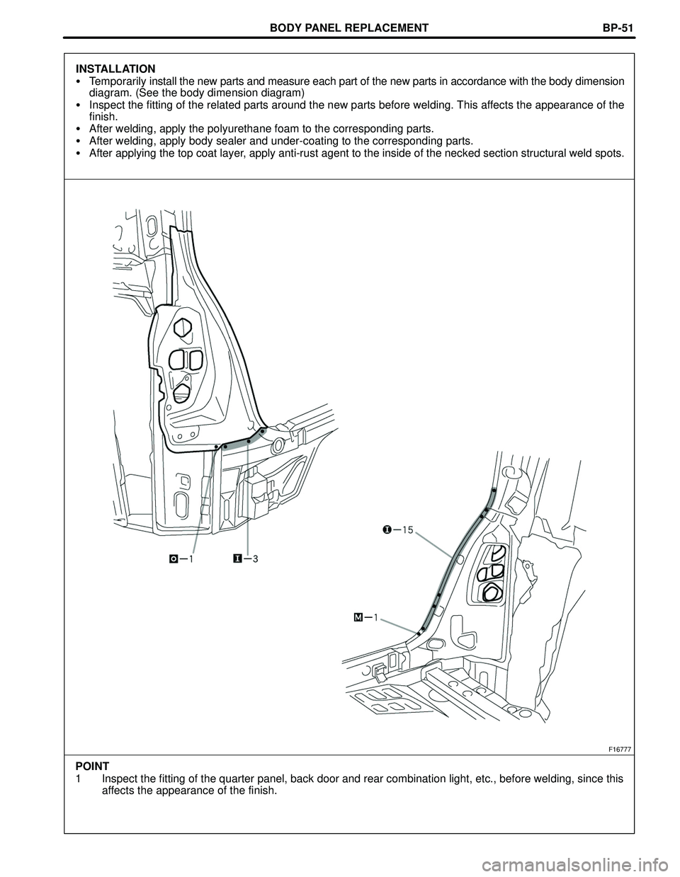 TOYOTA HIGHLANDER 2001  Service Repair Manual BODY PANEL REPLACEMENT
F16777
POINT
1 Inspect the fitting of the quarter panel, back door and rear combination light, etc., before welding, since this
affects the appearance of the finish.BP-51
INSTAL