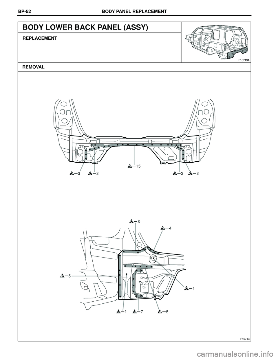 TOYOTA HIGHLANDER 2001  Service Repair Manual BODY PANEL REPLACEMENT
F16713
F16713A
REMOVAL BP-52
BODY LOWER BACK PANEL (ASSY)
REPLACEMENT 
