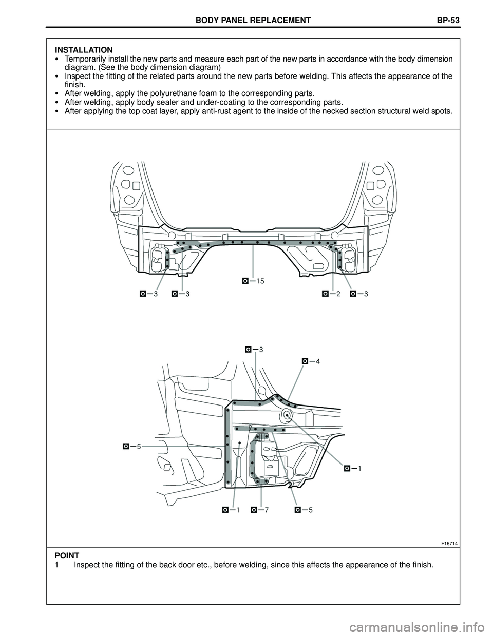TOYOTA HIGHLANDER 2001  Service Repair Manual BODY PANEL REPLACEMENT
F16714
POINT
1 Inspect the fitting of the back door etc., before welding, since this affects the appearance of the finish.BP-53
INSTALLATION
Temporarily install the new parts a