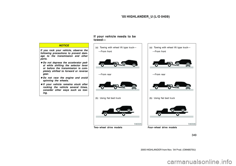 TOYOTA HIGHLANDER 2001  Service Manual PDF 05 HIGHLANDER_U (L/O 0409)
349
2005 HIGHLANDER from Nov. 04 Prod. (OM48570U)
NOTICE
If you rock your vehicle, observe the
following precautions to prevent dam-
age to the transmission and other
part