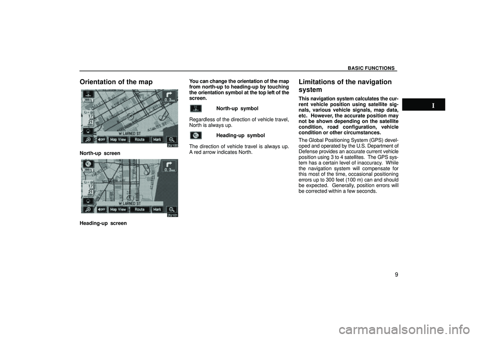 TOYOTA HIGHLANDER 2001  Service Repair Manual BASIC FUNCTIONS
9
Orientation of the map
North-up  screen
Heading-up screenYou can change the orientation of the map
from north-up to heading-up by touching
the orientation symbol at the top left of t