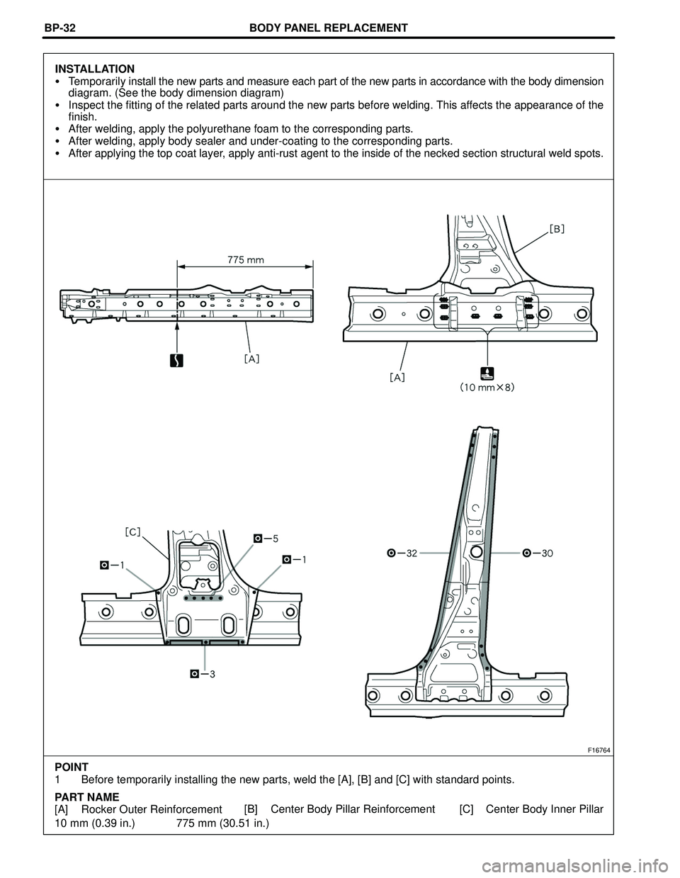 TOYOTA HIGHLANDER 2001  Service Repair Manual BODY PANEL REPLACEMENT
F16764
10 mm (0.39 in.) 775 mm (30.51 in.) POINT
1 Before temporarily installing the new parts, weld the [A], [B] and [C] with standard points.
PART NAME
[A] Rocker Outer Reinfo