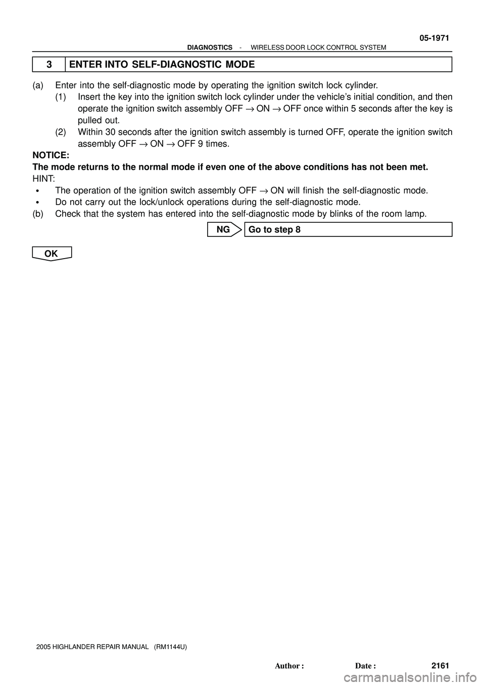 TOYOTA HIGHLANDER 2001  Service Repair Manual - DIAGNOSTICSWIRELESS DOOR LOCK CONTROL SYSTEM
05-1971
2161 Author: Date:
2005 HIGHLANDER REPAIR MANUAL   (RM1144U)
3 ENTER INTO SELF-DIAGNOSTIC MODE
(a) Enter into the self-diagnostic mode by opera