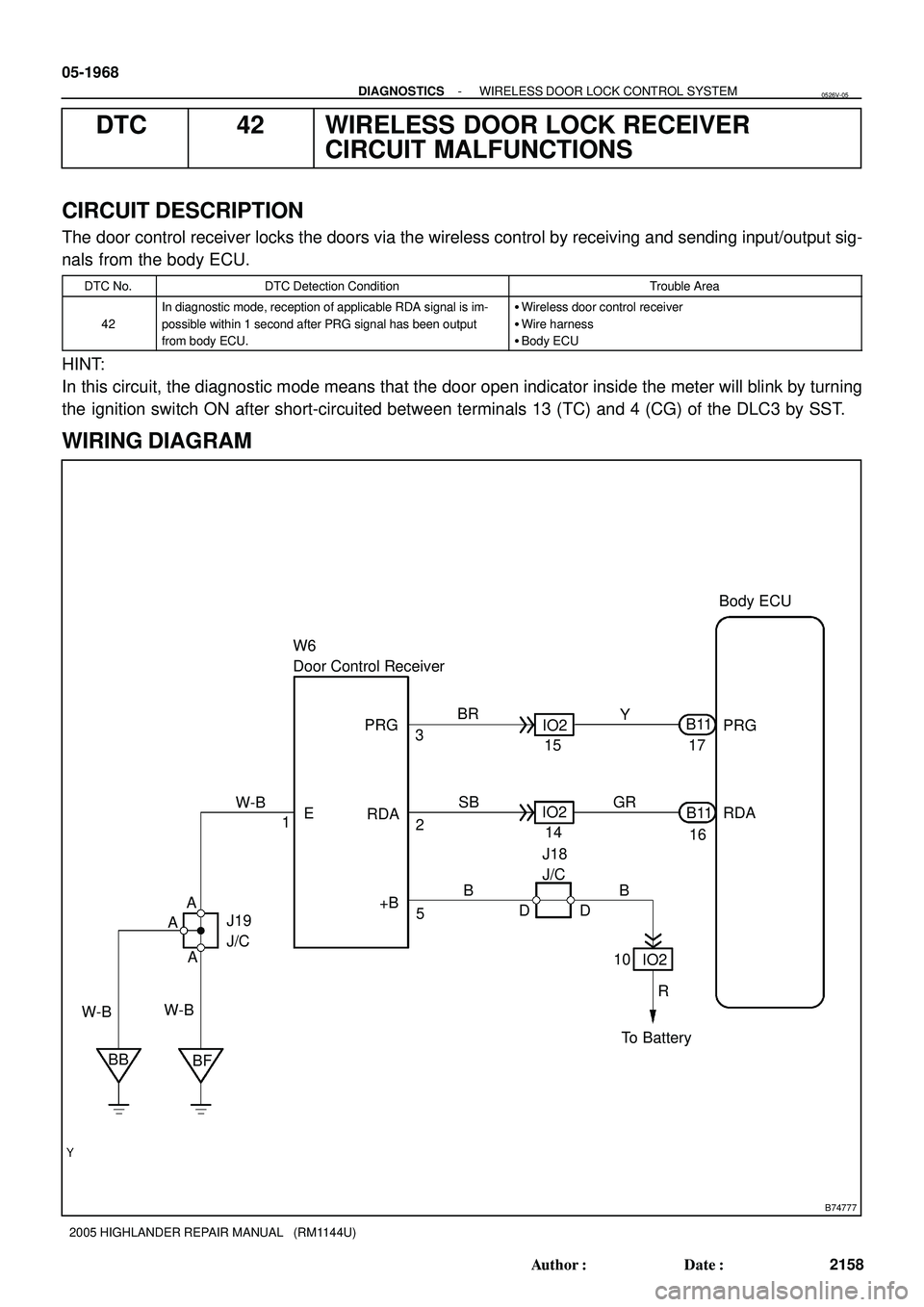 TOYOTA HIGHLANDER 2001  Service Repair Manual B74777
Body ECU
PRG
RDA 17
B11
16 B11 BR
GR 15
14
10 IO2
B 3
2
5PRG
RDA
+B E
1W6
Door Control Receiver
To Battery Y
SB
IO2
IO2 B
AW-B
J19 
J/C
BF A A
BBJ18 
J/C
DD
R
W-B
W-B 05-1968
- DIAGNOSTICSWIREL