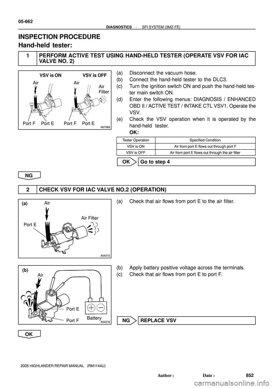 TOYOTA HIGHLANDER 2001  Service Repair Manual A67588
VSV is ON VSV is OFF
Air
Port E Port F Port E
Air
Port FAir 
Filter
A54315
Air
Port EAir Filter(a)
A54316
Air
Port E
Port FBattery
(b)
05-662
- DIAGNOSTICSSFI SYSTEM (3MZ-FE)
852 Author: Date