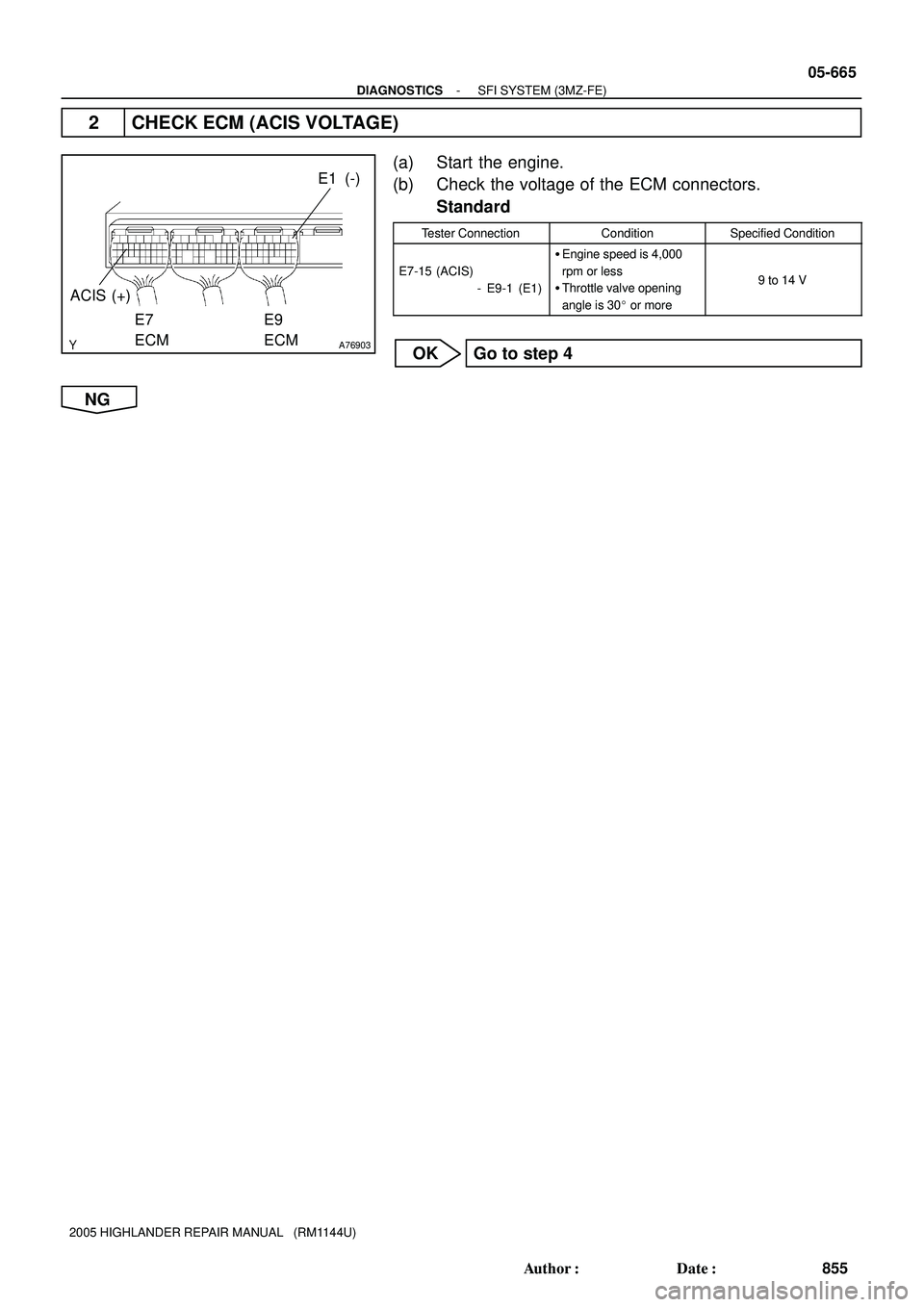 TOYOTA HIGHLANDER 2001  Service Repair Manual A76903
E1 (-)
E9
ECM
ACIS (+)
E7
ECM
- DIAGNOSTICSSFI SYSTEM (3MZ-FE)
05-665
855 Author: Date:
2005 HIGHLANDER REPAIR MANUAL   (RM1144U)
2 CHECK ECM (ACIS VOLTAGE)
(a) Start the engine.
(b) Check th