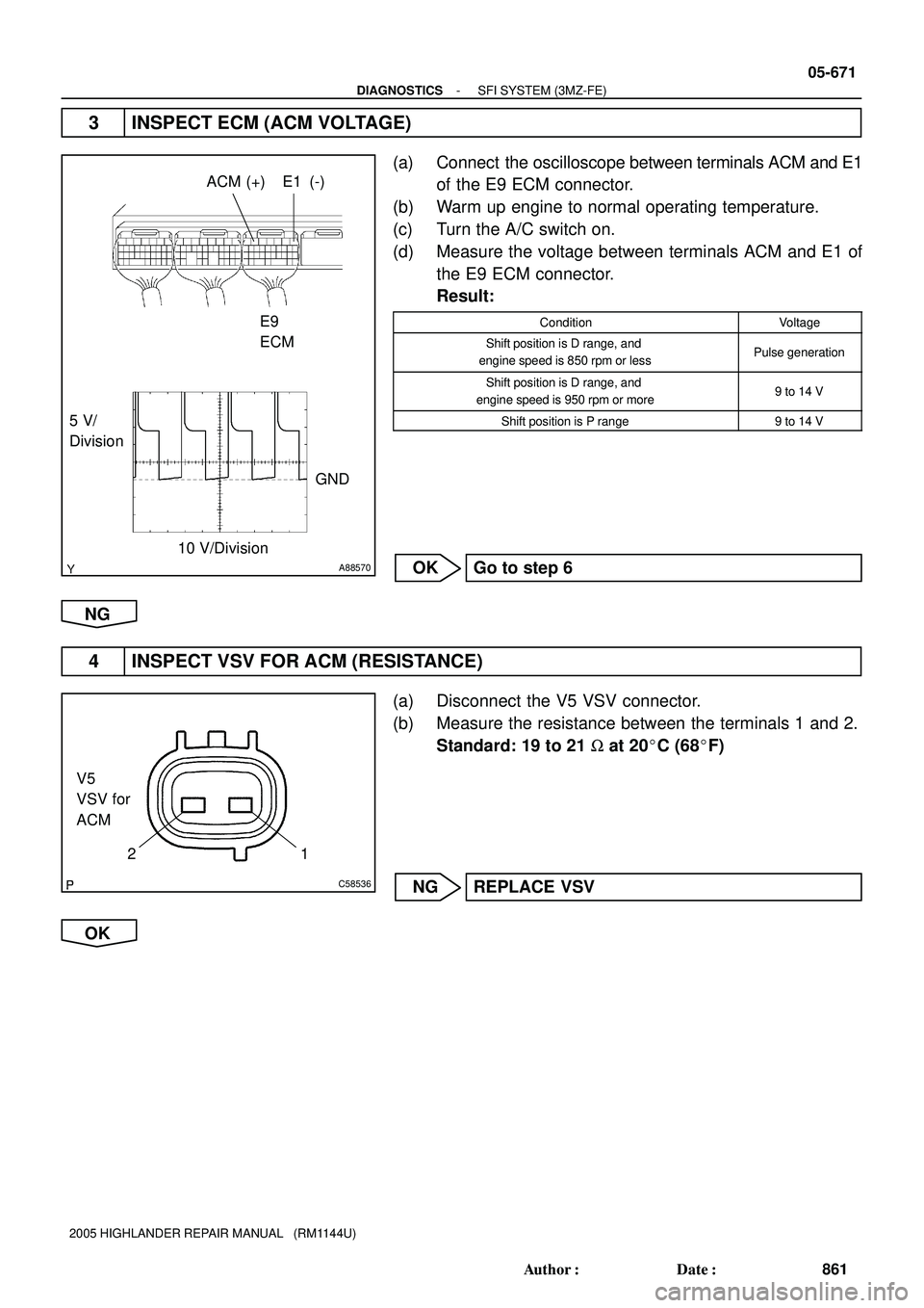 TOYOTA HIGHLANDER 2001  Service Repair Manual A88570
GND 5 V/
Division
10 V/DivisionACM (+) E1  (-)
E9
ECM
C58536
1 2
V5
VSV for
ACM
- DIAGNOSTICSSFI SYSTEM (3MZ-FE)
05-671
861 Author: Date:
2005 HIGHLANDER REPAIR MANUAL   (RM1144U)
3 INSPECT E